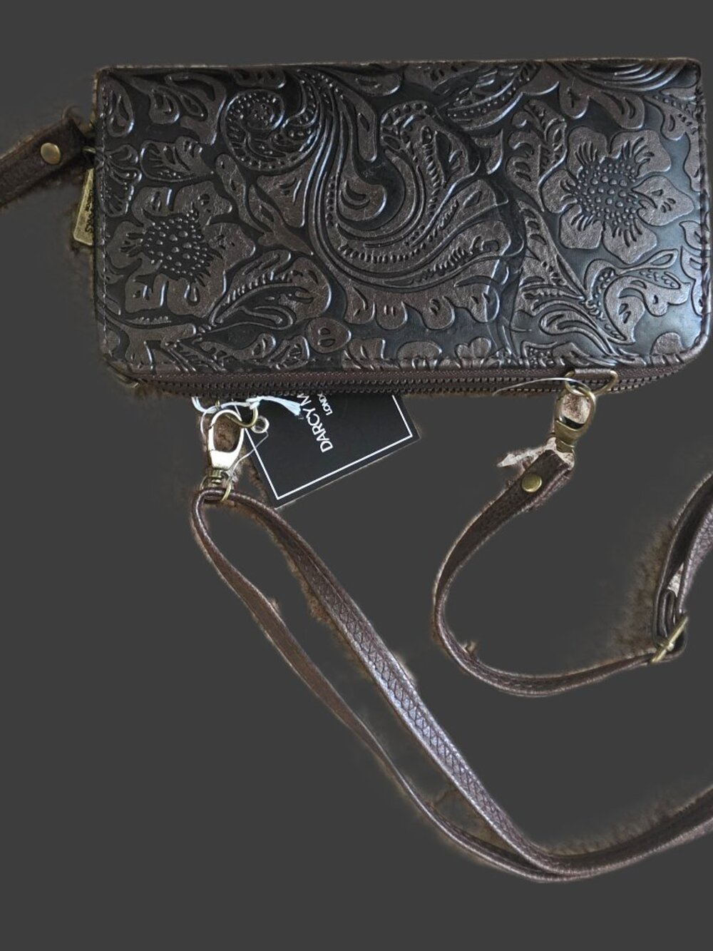 TOOLED Two Tone BLACK BROWN Crossbody Wristlet WALLET Western Darcy Marks NWT